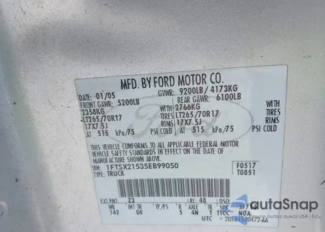 2005 Ford F-250 Lariat/Xl/Xlt из США, поврежденный, VIN 1FTSX21535EB99050